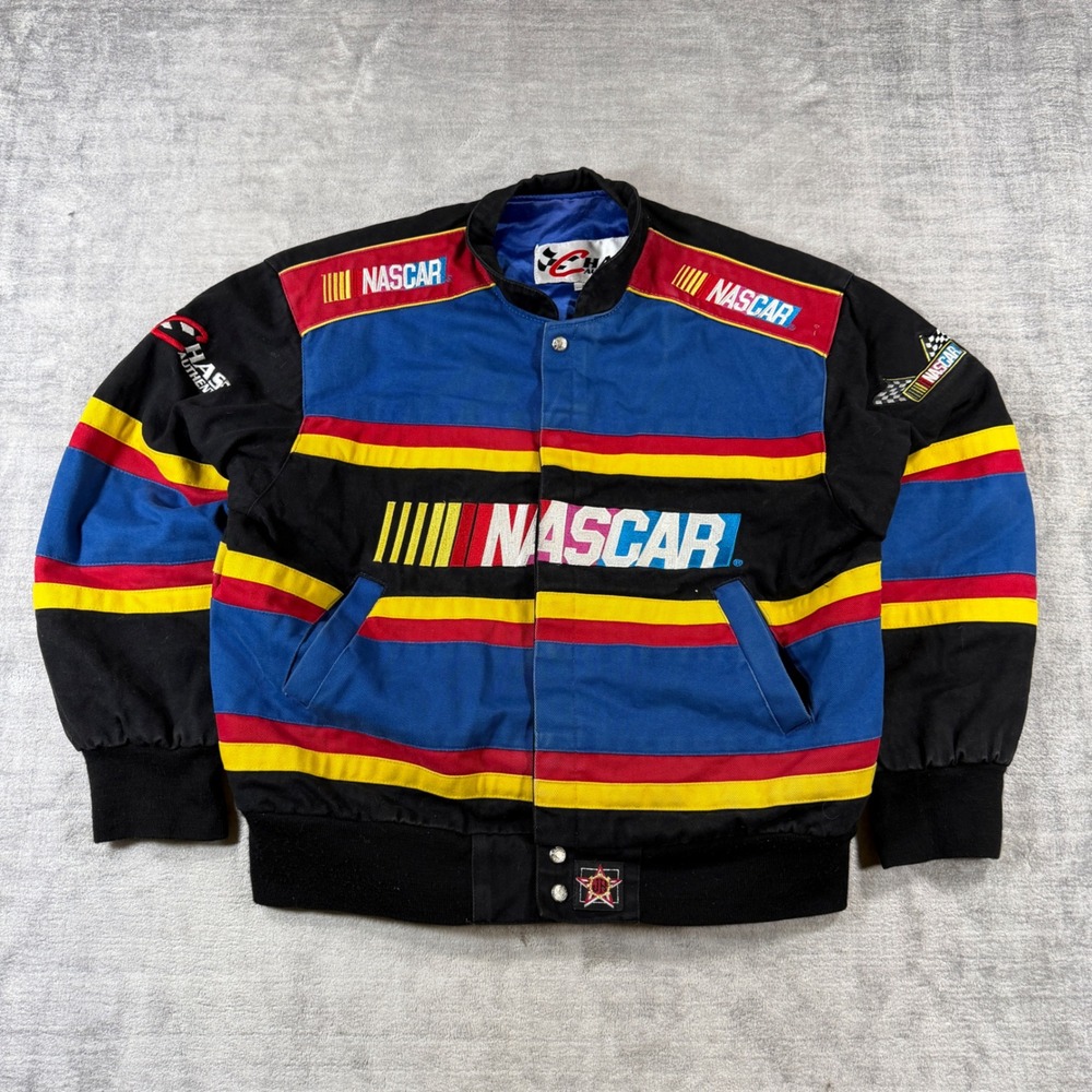 NASCAR Racing Jacket Mens Large Black Striped Chase Authentics Jeff Hamilton